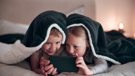 Happy-children,-night-or-blanket-with-phone