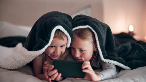 happy children, night or blanket with phone