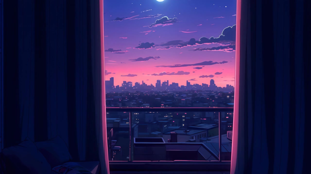 Tramonto vibrante su una città anime visto da un balcone con tende che si chiudono