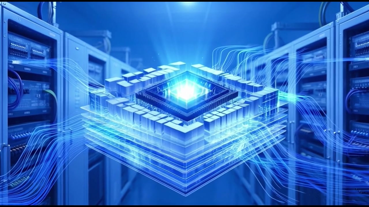 Digital CPU Processor Floating in Modern Server Room