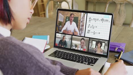 Composition-of-asian-schoolgirl-on-laptop-online-learning-with-diverse-teacher-and-children