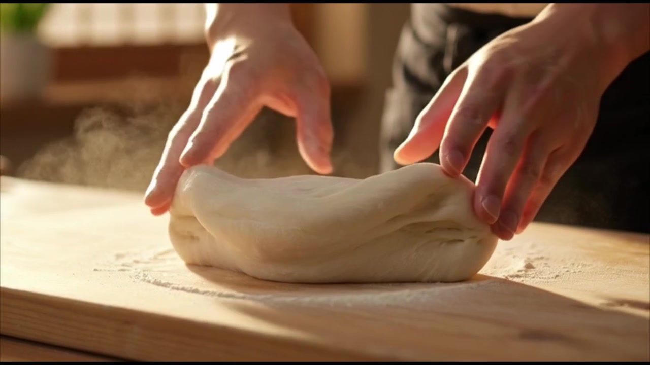 Baker Kneading Fresh Dough on a Wooden Surface