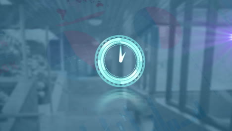 animación de reloj de neón, procesamiento de datos estadísticos y punto de luz contra una oficina vacía