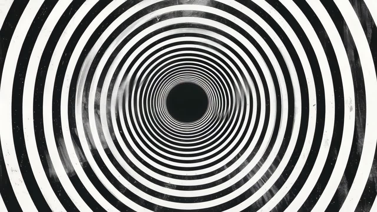 A hypnotic black and white spiral pattern viewed from a central angle, creating a tunnel effect