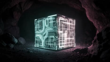 Glowing Neon Cube in a Cave