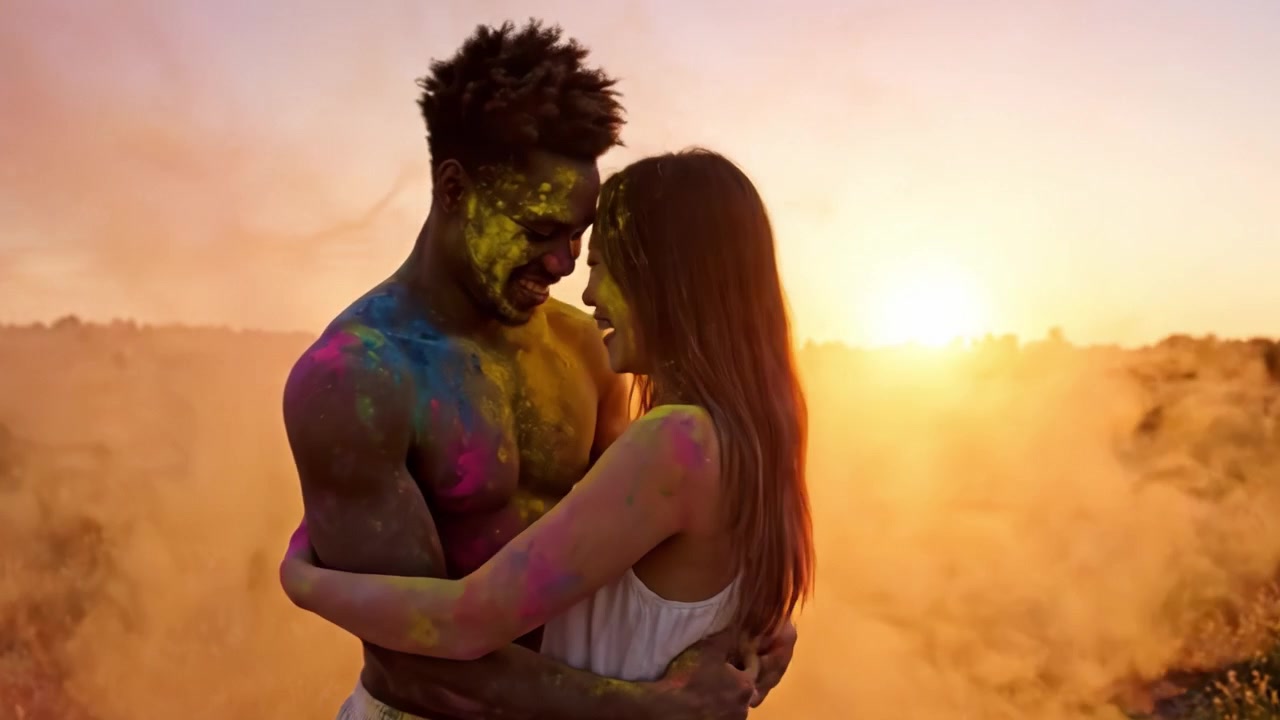 Celebración Alegre del Color: Dos Amigos Juegan Juntos en una Vibrante Escena de Atardecer, Cubiertos de Polvos de Colores Rodeados por un Paisaje Etéreo