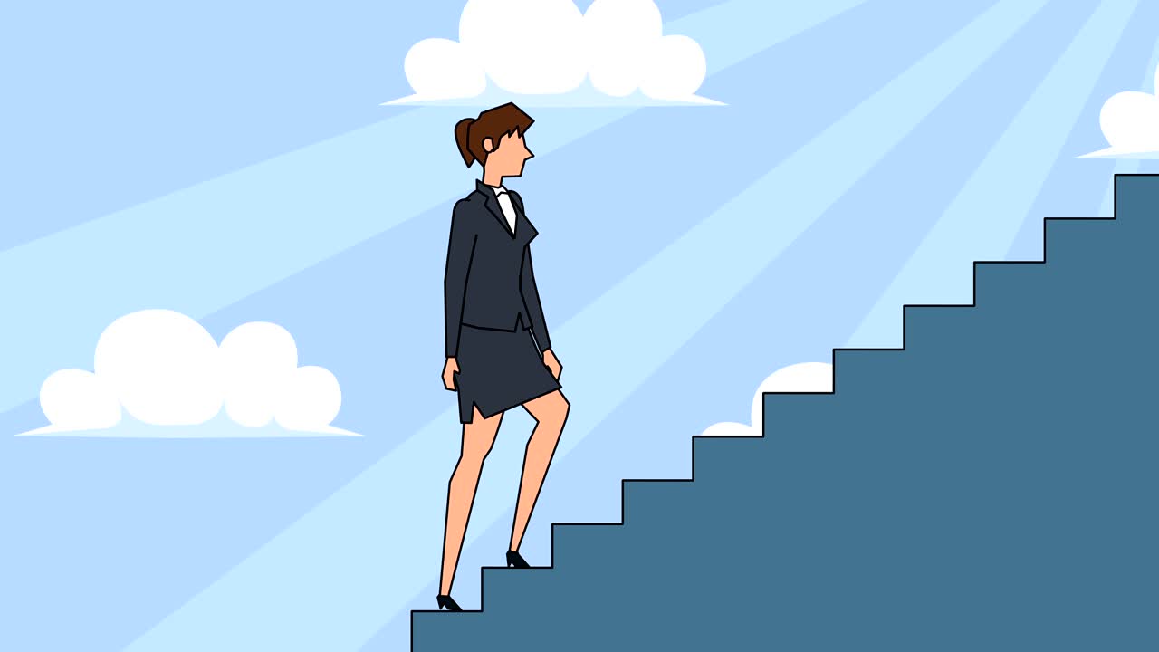 평평한 만화 사업가 캐릭터는 경력 사다리 계단을 올라간다 개념 애니메이션