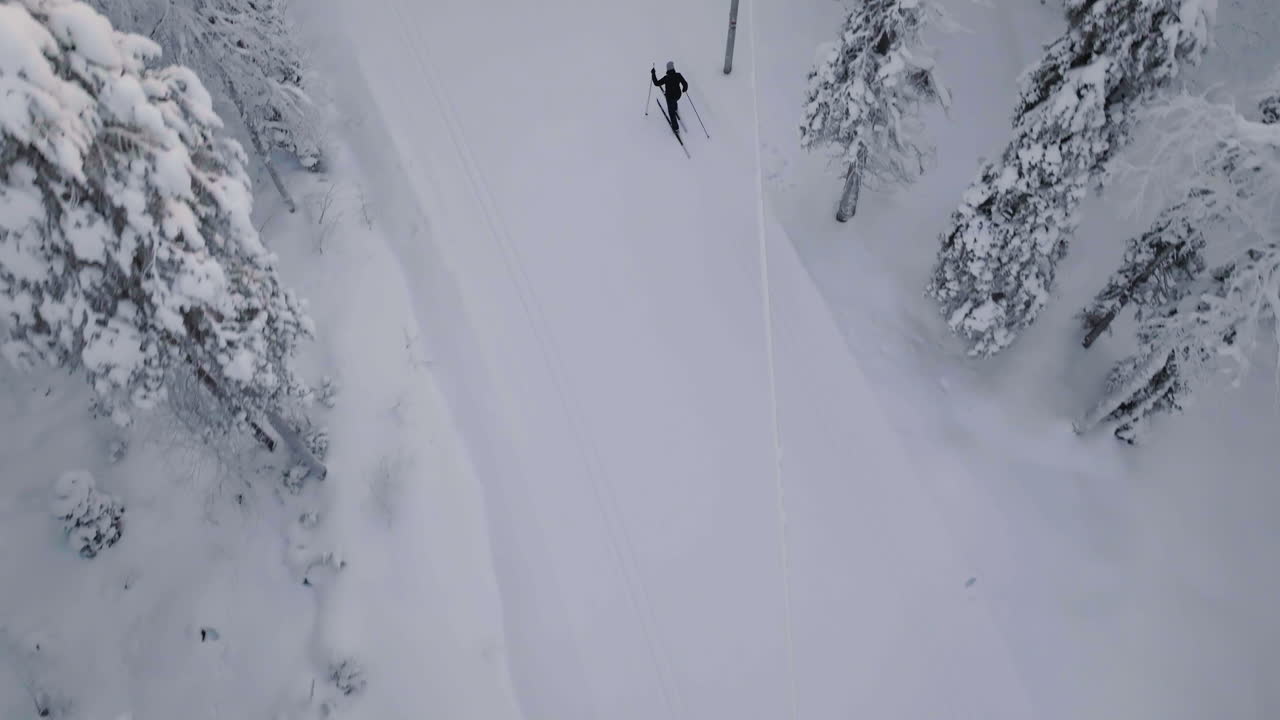Aerial view tracking a person cross-country skiing in snowy forest of Lapland