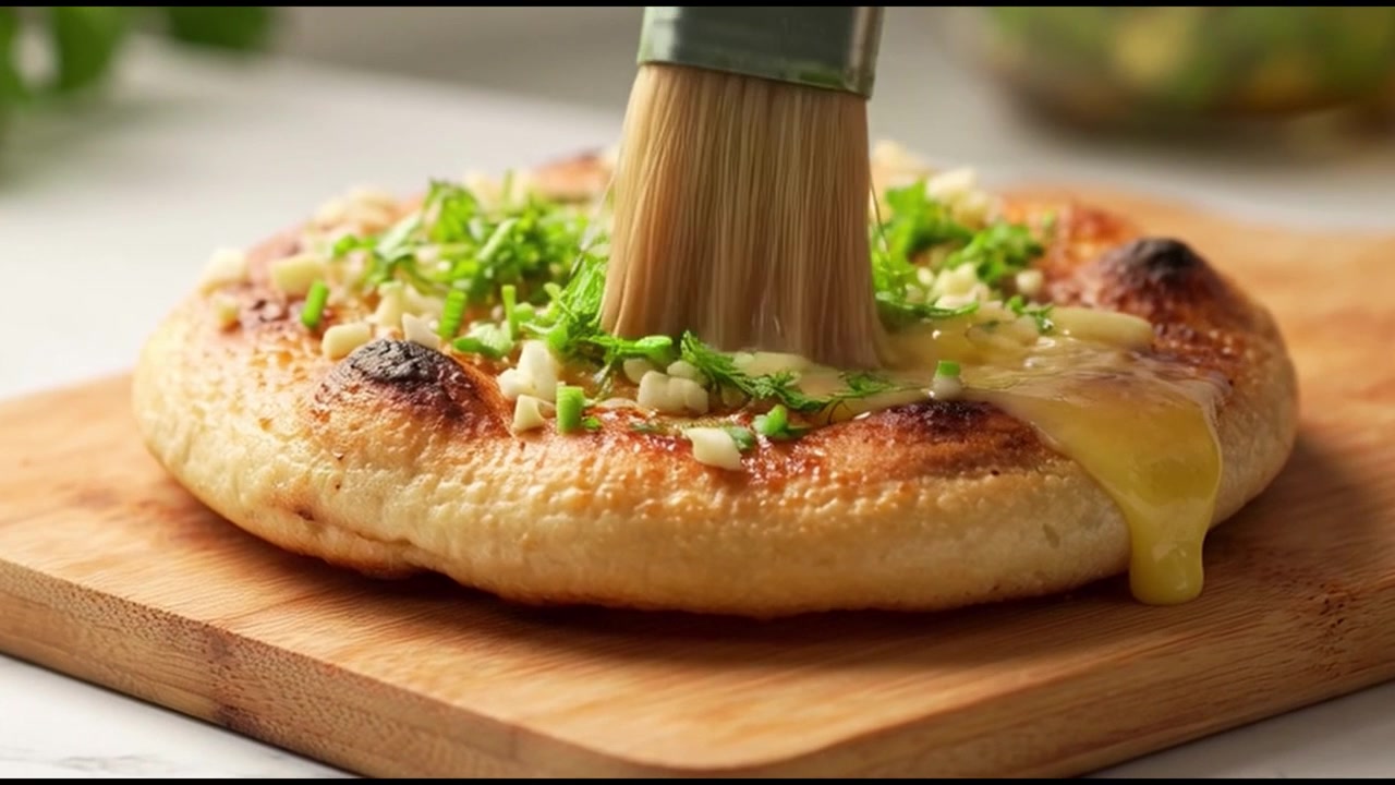 Chef che spennella burro all'aglio fuso su focaccia appena sfornata