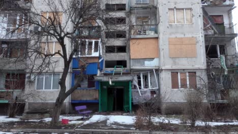 damaged residential building in sloviansk, ukraine, following russian invasion impact