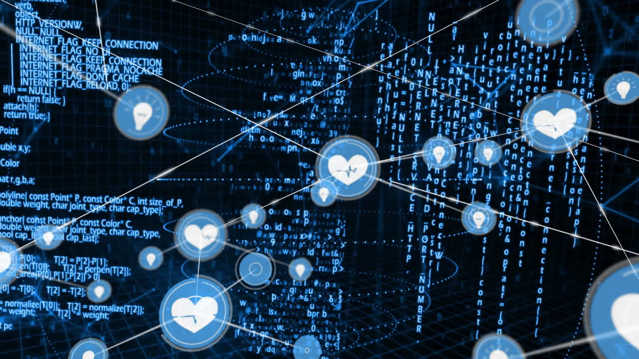 Connected heart icons over blue binary code with animation in digital background