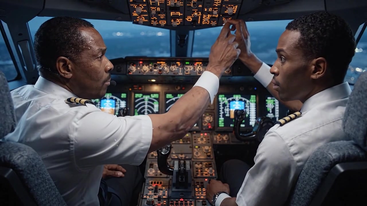 A Captivating Glimpse into the Cockpit: Two Pilots Operate Advanced Flight Controls for a Safe Journey Through the Skies at Night