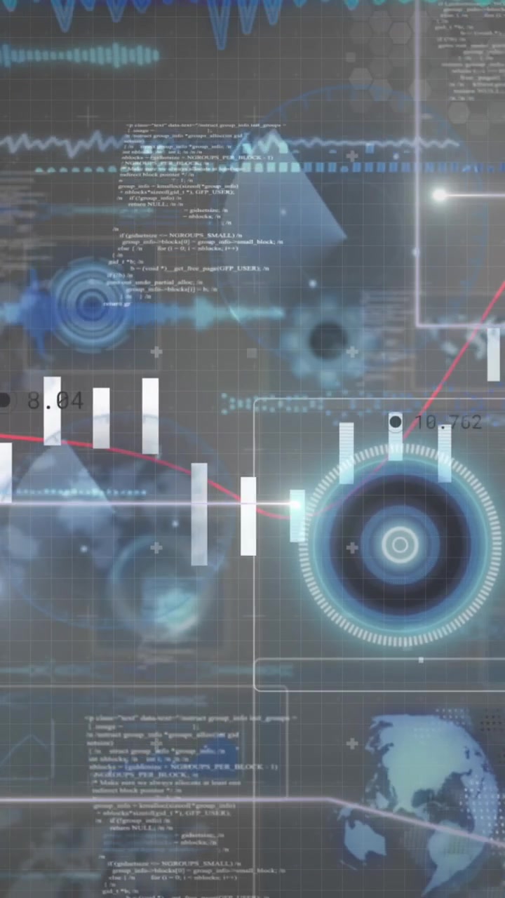 Animation de points en chute formant des lignes, d'un langage de programmation et de graphiques sur une interface infographique.