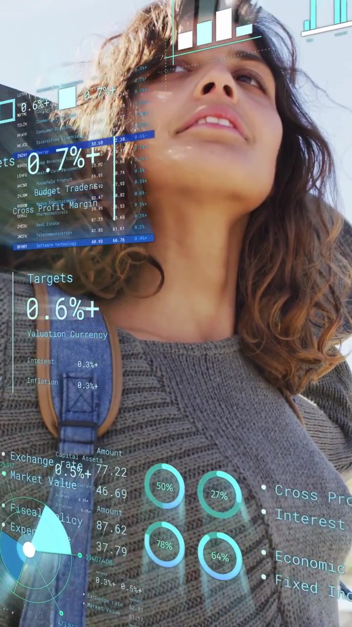 Vertical video: Woman fixing strap while viewing finance charts, cam tilting up and AR HUD shifting