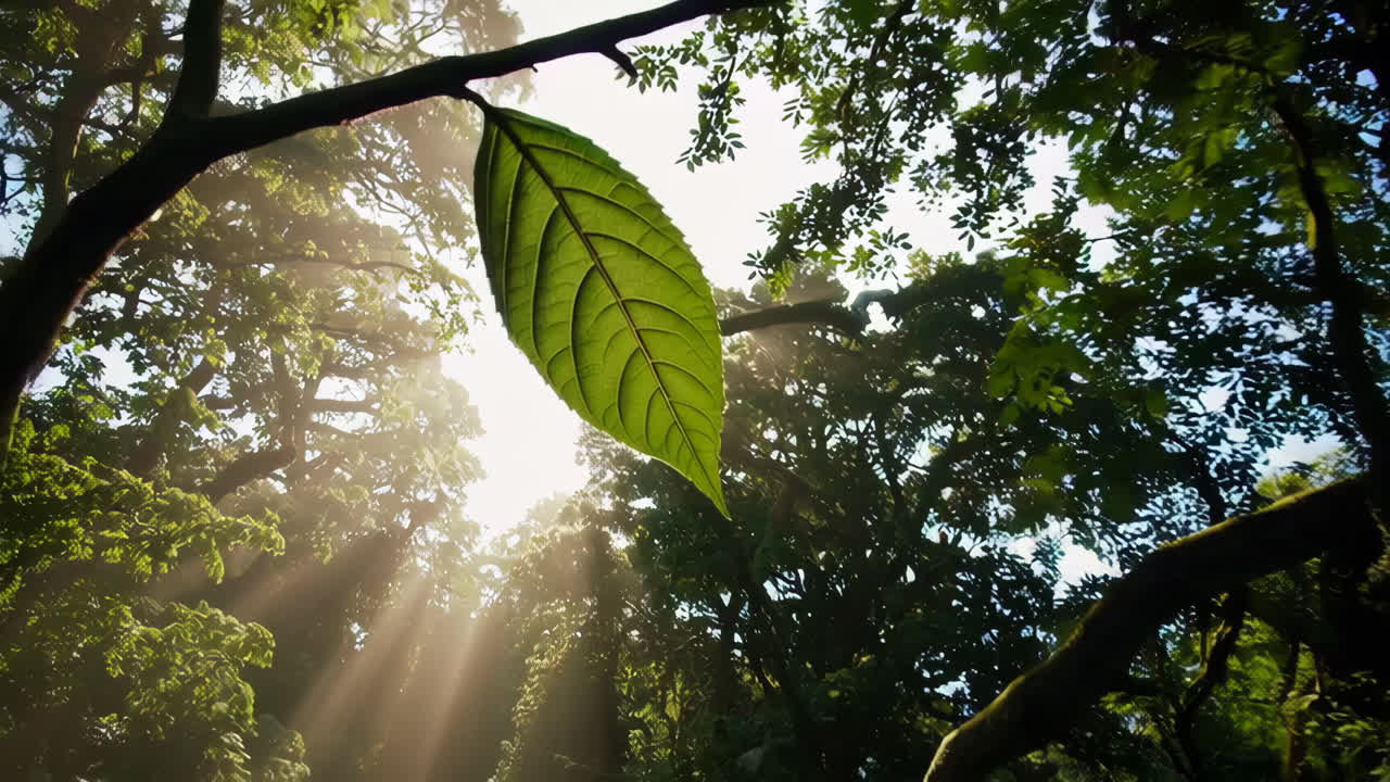 Primo piano di una foglia verde brillante in una foresta lussureggiante, bagnata dalla luce del sole