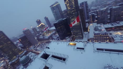 drone fpv of dorchester square in winter, montreal downtown, canada