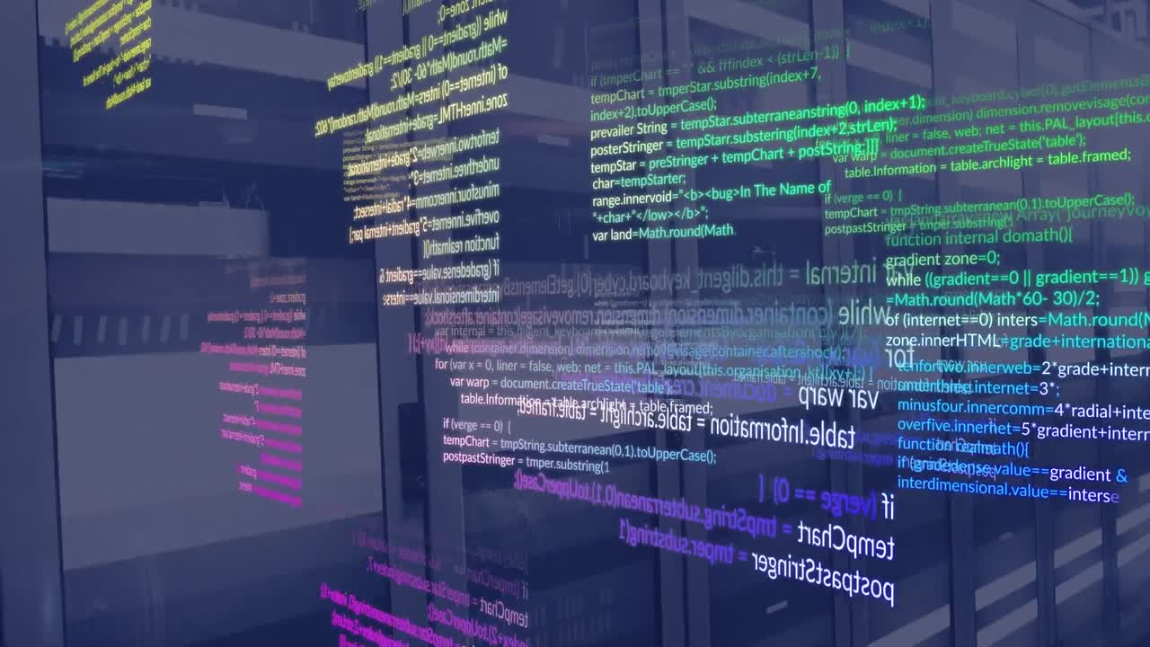 animación de lenguaje informático multicolor sobre barras móviles en bastidores de servidores de datos