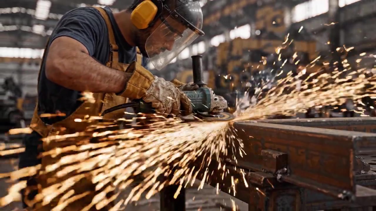 Um metalúrgico habilidoso usa uma ferramenta de esmerilhamento para refinar uma superfície de metal, criando faíscas vívidas em uma movimentada oficina industrial cheia de máquinas e ferramentas