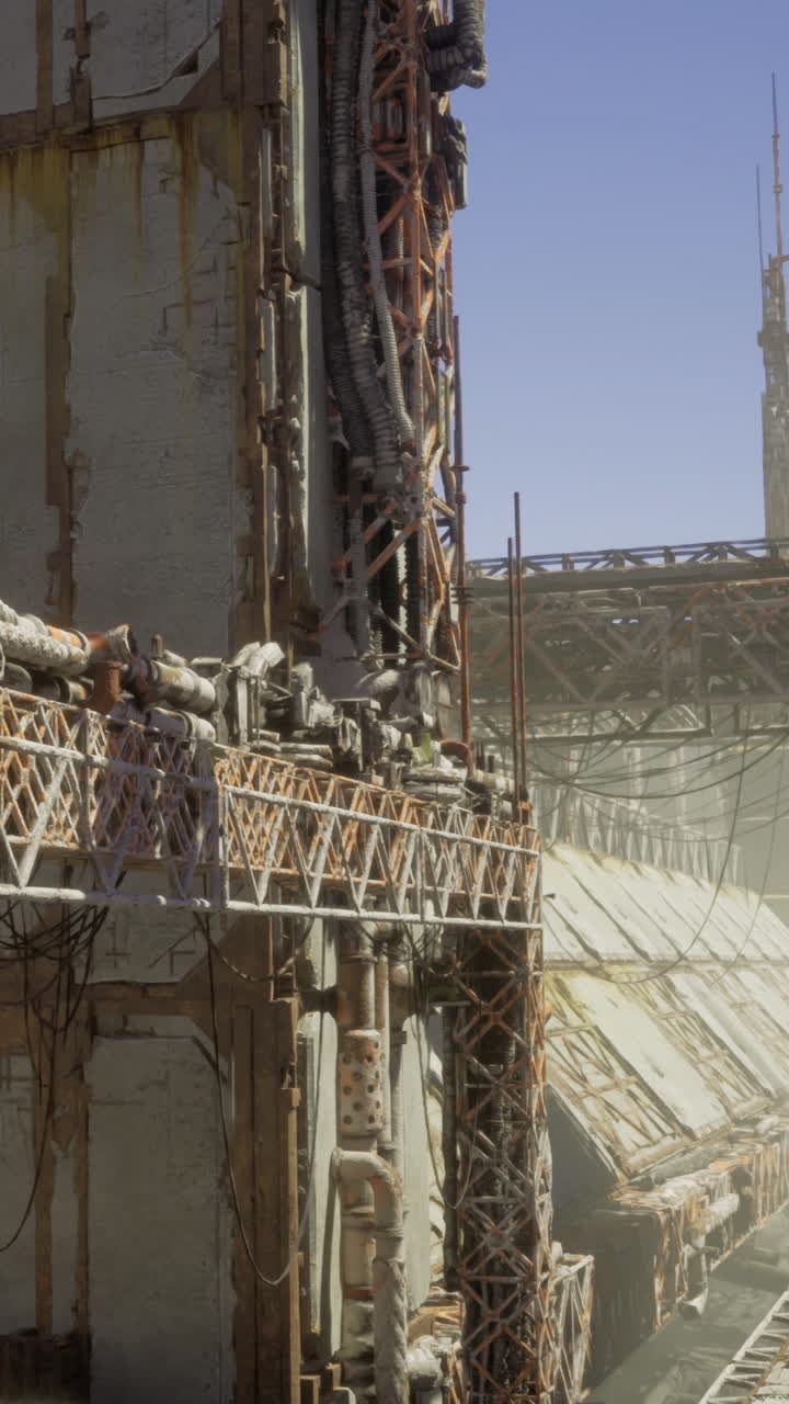 Large industrial structure with metal framework and supporting beams
