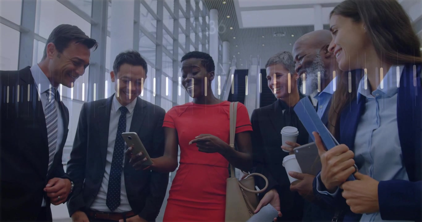 Woman swiping phone animating line chart, colleagues pointing at chart discussing business results