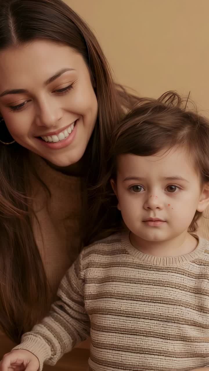 Video verticale: mamma sorridente in maglione che si china, incoraggiando un bambino piccolo a raggiungere un giocattolo non visibile a casa
