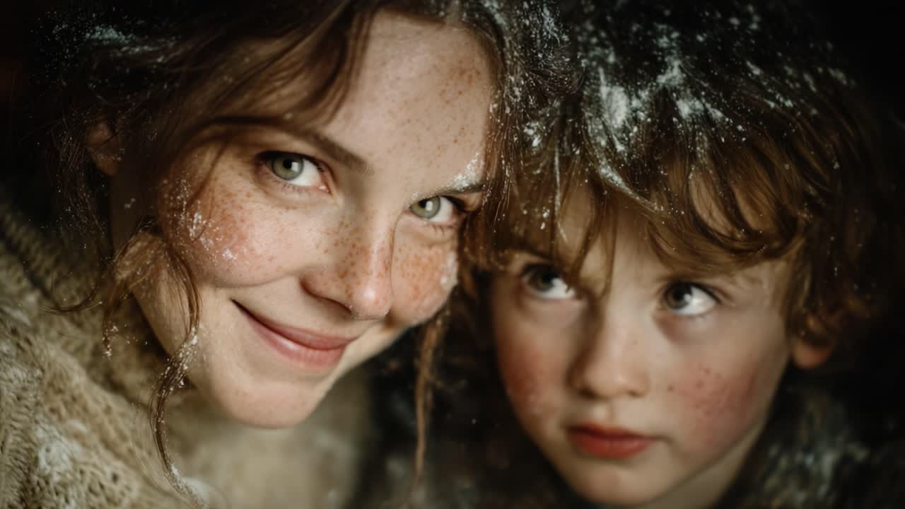 A Heartwarming Moment Shared Between a Mother and Her Child, Capturing the Joy of Togetherness Amid the Soft Touch of Falling Snow