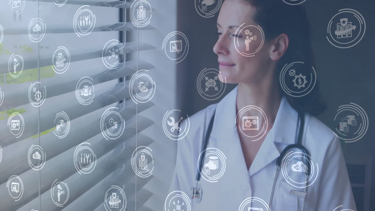 Looking out window, healthcare professional with medical icons animation around