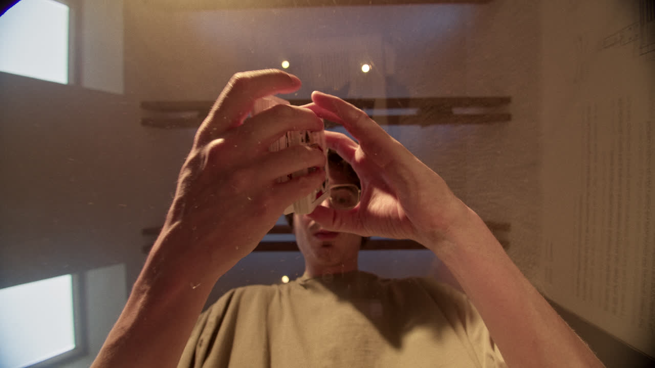 Close-up of Hands Shuffling Playing Cards from a Unique Low Angle
