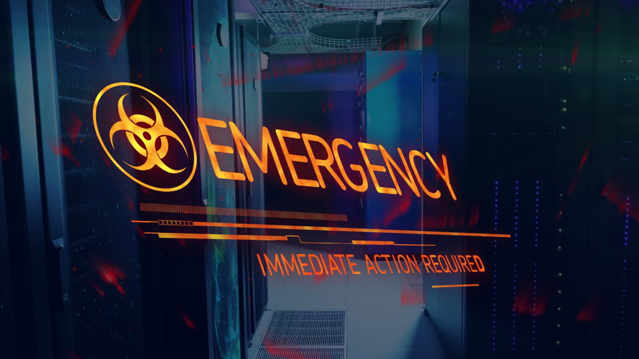 Biohazard symbol animation alerting over server room in school environment