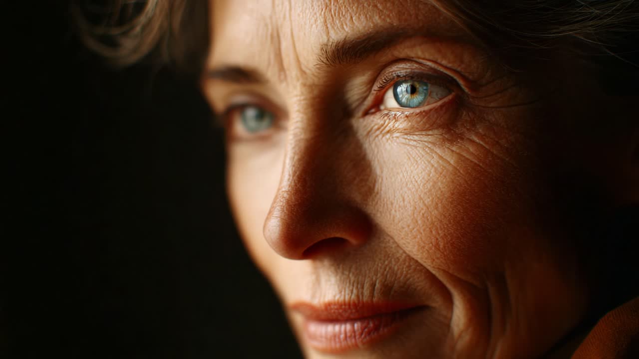 Captivating Portrait of a Woman with Striking Blue Eyes and Expressive Features, Emphasizing the Beauty of Aging and the Depth of Experience in an Intimate Composition
