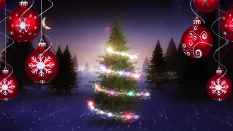 Animation-of-shooting-star,-chritmas-tree-and-baubles-over-winter-landscape