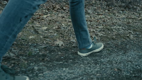 feet walking along wooded path