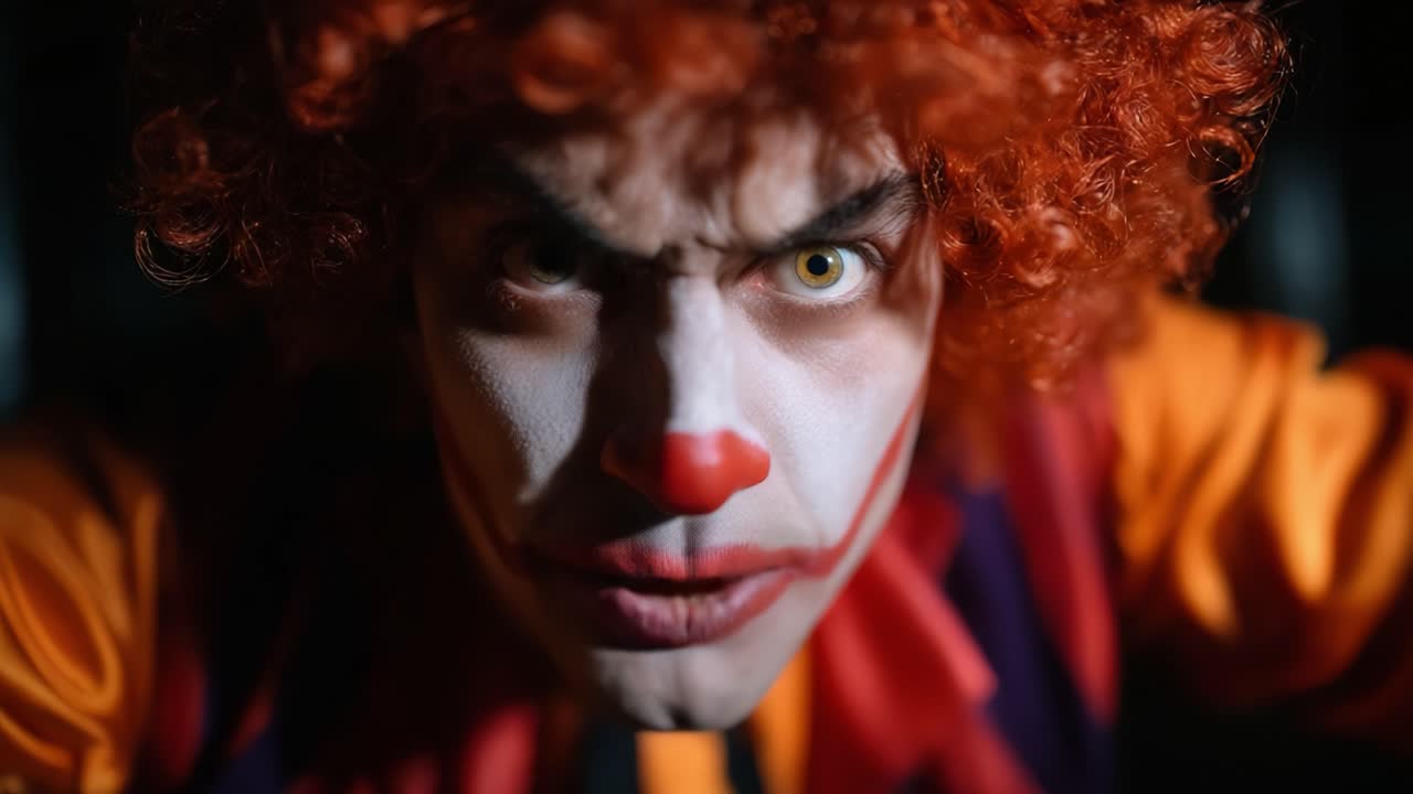 Intense Clown Character with Fiery Expression and Colorful Costume Captured in Two Dramatic Frames of Video, Showcasing Emotion and Intrigue