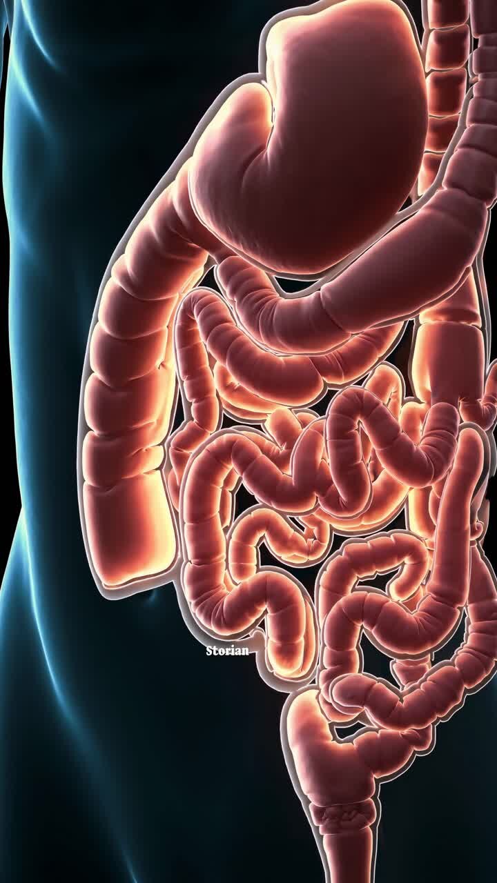 A glowing, detailed illustration of the human digestive system, viewed from a side angle