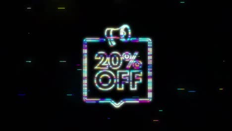 20 percent off sale discount banner with megaphone. discount offer price tag. 20 percent discount promotion glitch icon. motion graphic