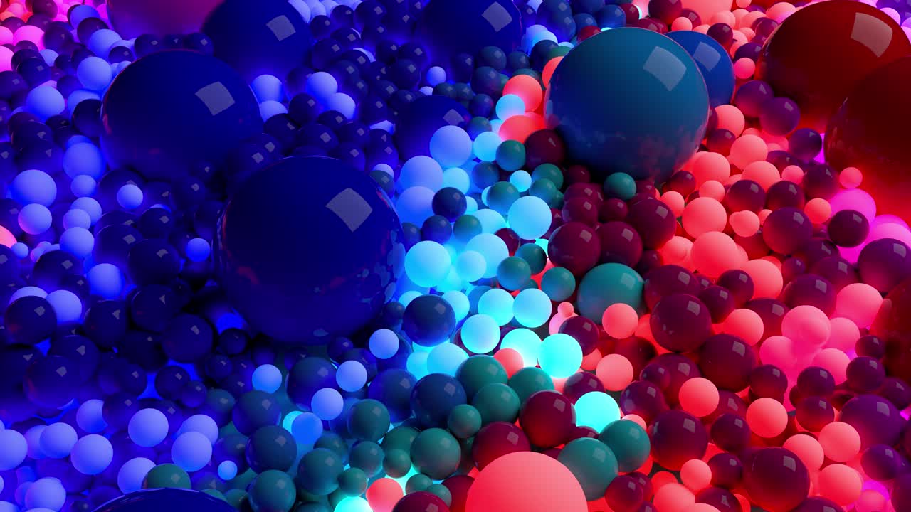 composición oscura con bolas coloridas que cubren la superficie, algunas de las cuales brillan. 3d en 4k fondo abstracto con animación fluida de esferas