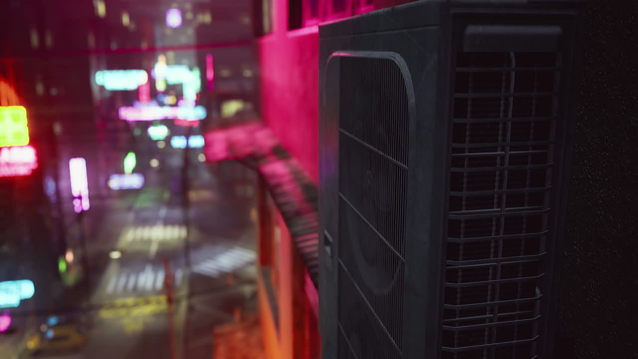 City view at night with vibrant lights and air conditioning unit