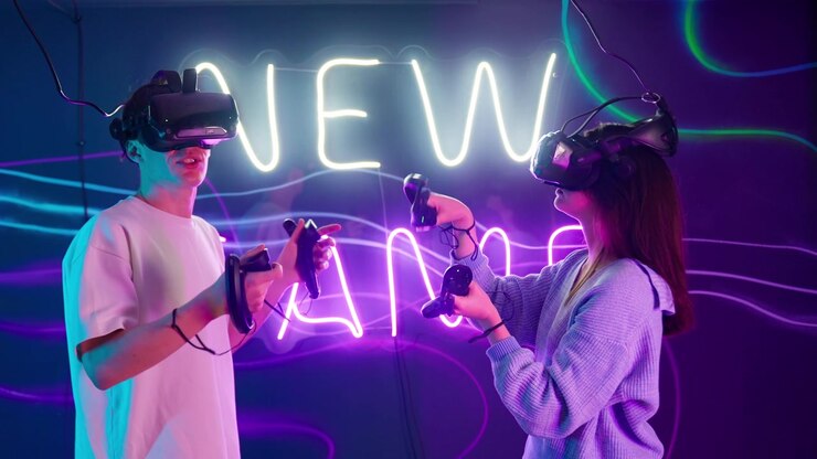 Young Couple Playing Virtual Reality Game in Neon Lit Room