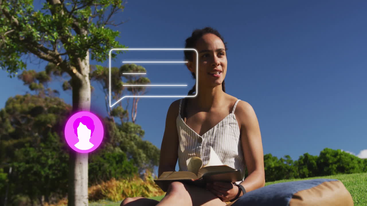 Woman reading book outdoors with chat bubble and profile icon animation