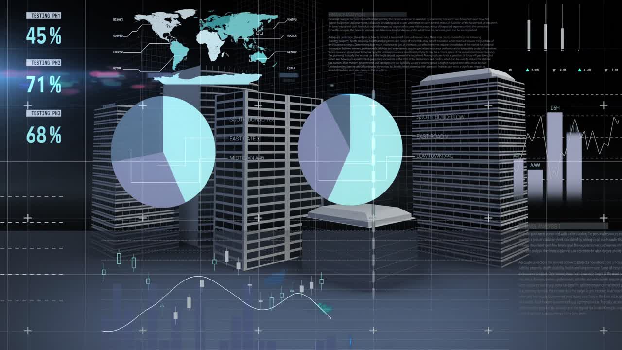 Animation of financial data processing over cityscape