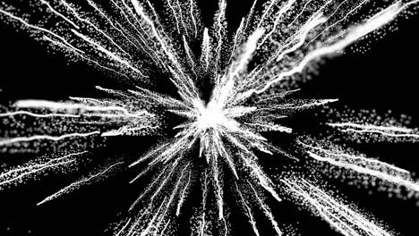 animation of white  particles  on black background , dust explosion and  close up view