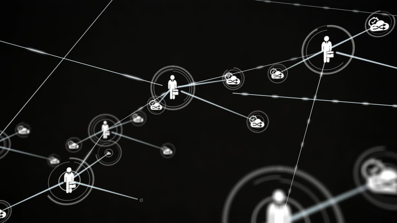 Animation of network of connections with people icons over black background