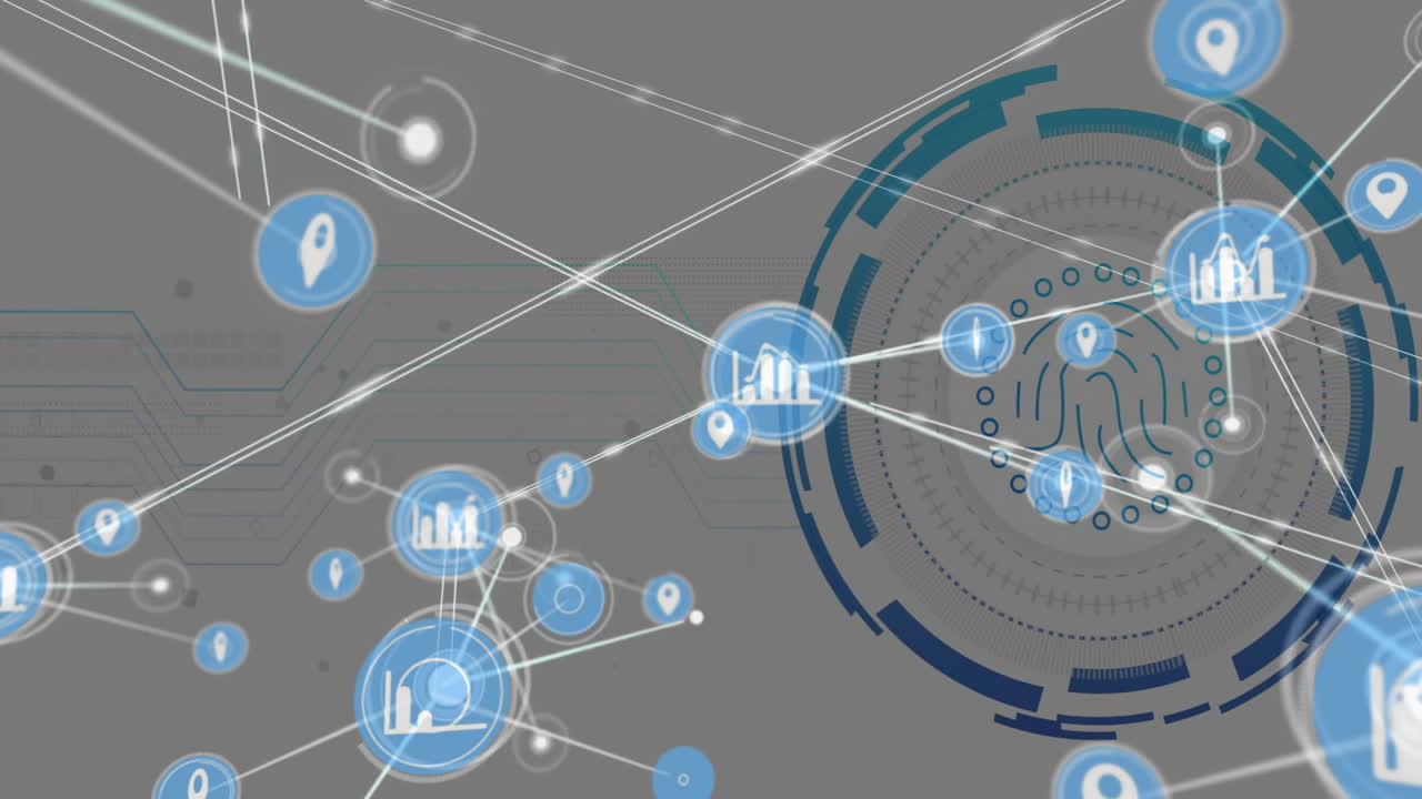 생체인식 지문에 대한 아이콘을 가진 연결 네트워크의 애니메이션