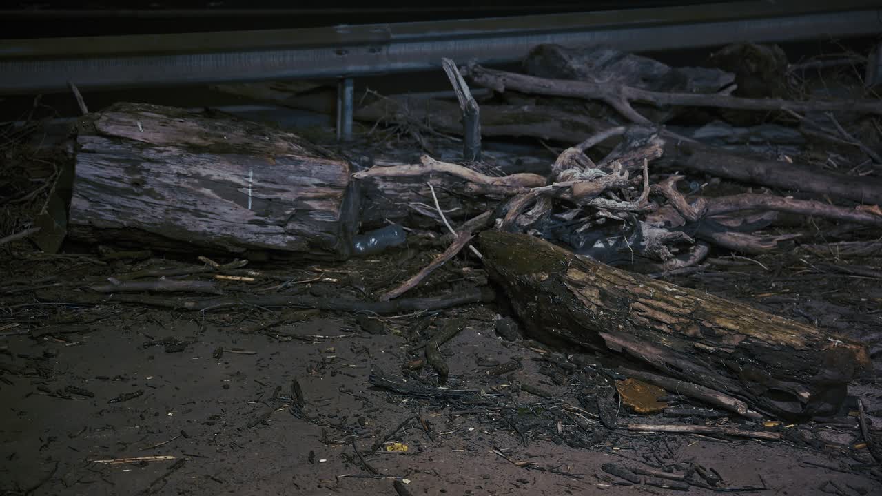 Pile of wood and debris on the roadside at night