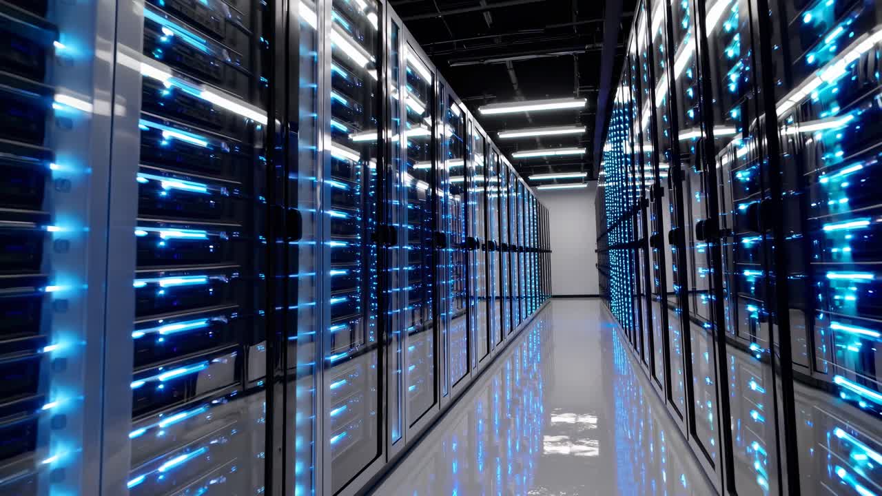 Wide-angle shot of a futuristic server room with glowing blue lights, creating a high-tech