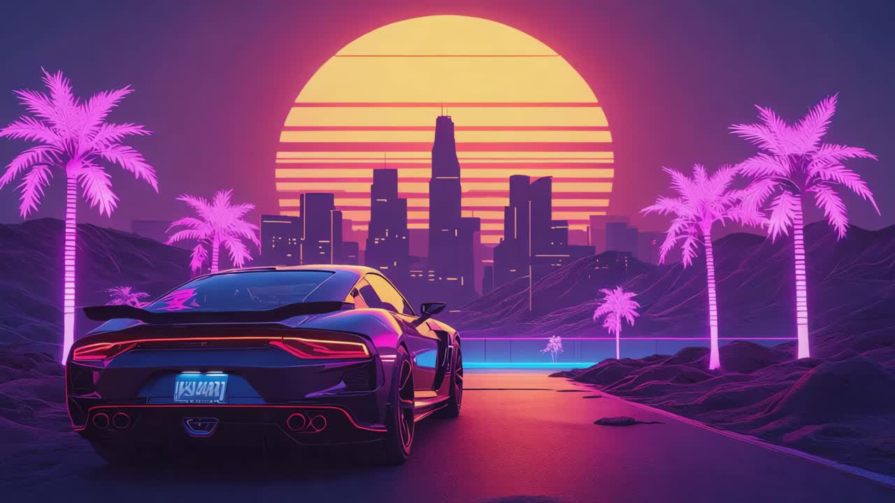 Retrowave Sports Car Sunset Drive