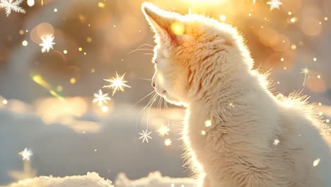 a white cat sitting in the snow with snowflakes around it