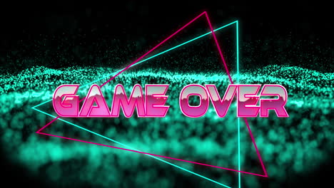 animation of game over text in metallic pink letters with triangles over green glowing mesh