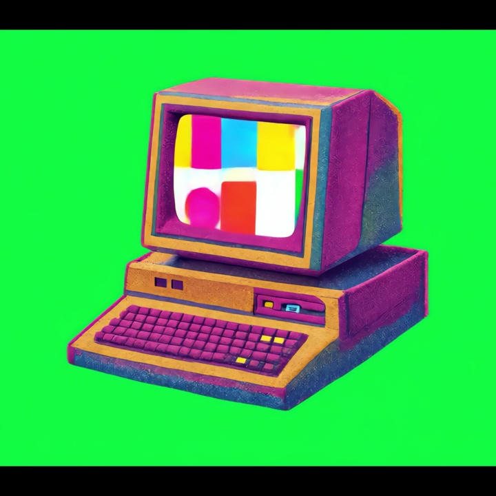 Retro Computer with Animated Glitch Art on Green Screen