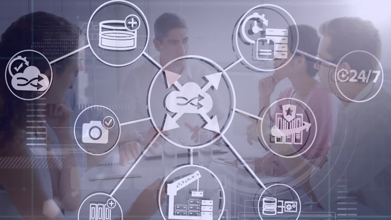 animación de una red de iconos digitales sobre diversos empresarios discutiendo en la oficina